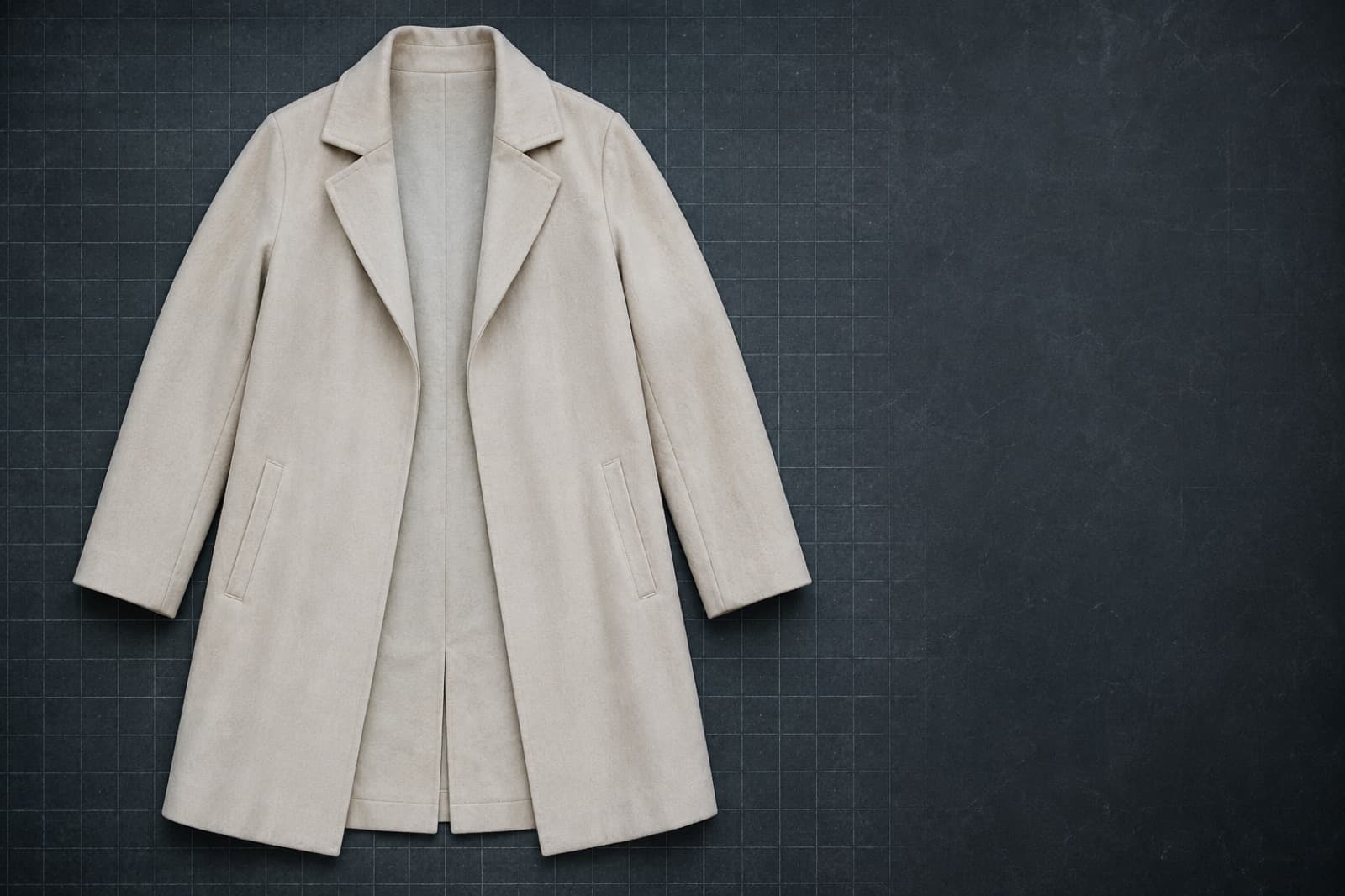 A pale open-front coat laid flat on a dark measured plate, framed as a technical reference plate.